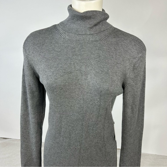 NEW EXPRESS Gray Turtle Neck Long Sleeve Midi Sweater Dress L - Picture 2 of 10